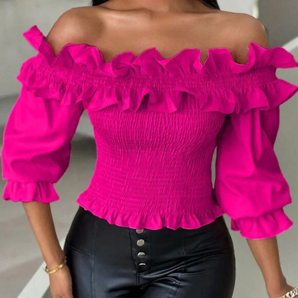 Hot Pink Casual Women's Ruffle Decor Off-Shoulder Cropped Top - Picture 5 of 6